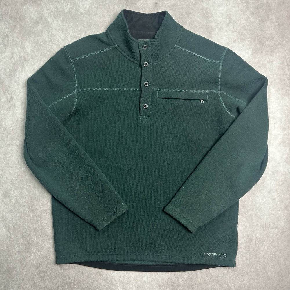 ExOfficio Pullover Fleece XL Button Mock Neck Jacket Green Outdoor Hiking Campin